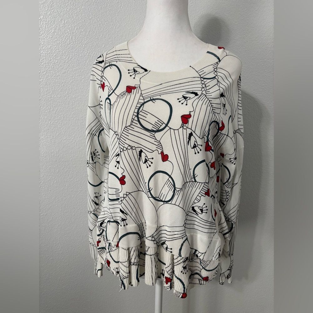 Bimba Y Lola Ruffle Sweater Faces Print Stretchy Knit Jumper Off White Color Med
